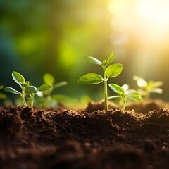 The seedling are growing from the rich soil to the morning sunlight that is shining, ecology concept