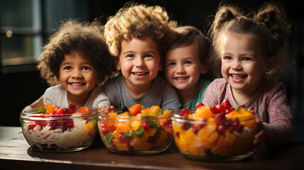 Fototapeta premium Group of childrens in a well lit kitchen with fruits bowls