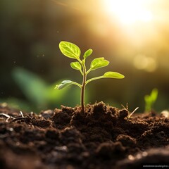 The seedling are growing from the rich soil to the morning sunlight that is shining, ecology concept