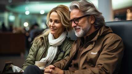 Fototapeta premium Mature couple spending quality time comfortably seated in the airport