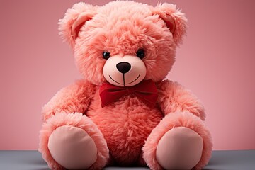 Obraz premium A cute pink teddy bear stuffed toy for kids on pink background