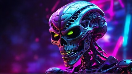 Epic alien skeleton in neon background. Human torso. Cyberpunk skull skeleton. Skeleton with skull and crossbones