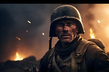 soldier in war field, cinematic photography