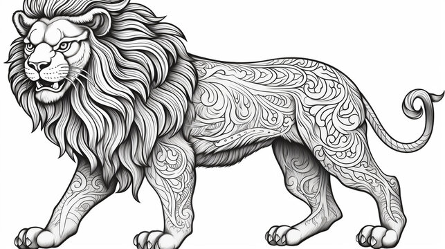 recommend clip art: Outline drawing of an intricate lion with crisp lines, no color outline. highly detailed floral, flower style coloring book, Generate AI.
