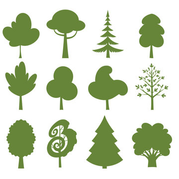 Set of trees silhouettes isolated on white background. Vector illustration.