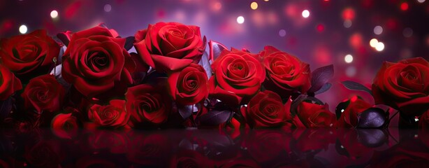 Whispers of Love: Red Roses in Bokeh Panorama on a Crimson Rug, Creating a Dreamlike Atmosphere for a Romantic Valentine's Day Celebration - obrazy, fototapety, plakaty