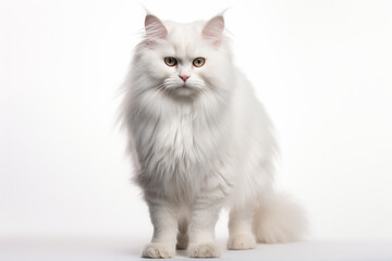Turkish Angora cat standing on a white background. Animal front portrait.