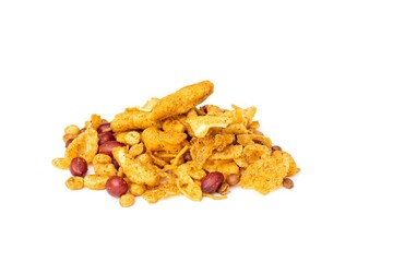 Chanchur or Bombay Mix Namkeen Heap Isolate ob White Background with Copy Space in Horizontal Orientation