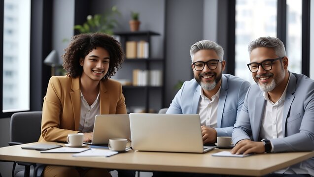 "Collaborative Excellence: Happy, Smiling Diverse Colleagues, Executives, and Team Members, Two Professional Managers Engage in a Virtual Meeting, Watching a Webinar, Working Together on an Online 