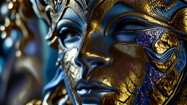A golden mask with intricate designs exudes a mystical beauty against a blue-gray background.
