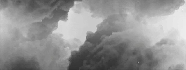Dark storm clouds envelop the sky, hinting at a dramatic weather abstract. A sunset's light pierces through the white mist, painting a heavenly landscape. Tornadoes of fog and mist dance amidst the cl - obrazy, fototapety, plakaty