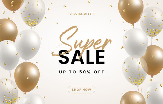 Gold color balloons background. Celebration party banner. Luxury greeting card. Birthday, Opening frame template, Flyer, Poster, Decor, Sale, Advertising. Isolated 3D realistic vector illustration.