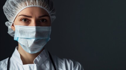 A female doctor is wearing a hygienic face surgical medical mask. Banner panorama medical staff preventive gear. copy space