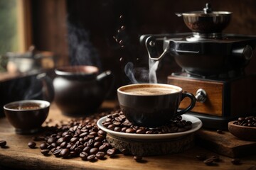 Close-up of a cup of hot fresh steamed coffee with beans on an atmospheric vintage wooden...