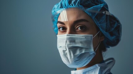 Fototapeta na wymiar A female doctor is wearing a hygienic face surgical medical mask. Banner panorama medical staff preventive gear. copy space