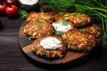 Golden-brown potato pancakes garnished with sour cream and fresh dill, served on a wooden platter.