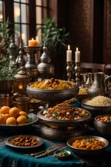 The festive table of Muslims for the day of Ramadan. Delicious national dishes, fruits and vegetables on the table.