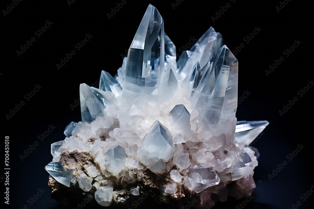 Aufkleber Generative AI : pure Quartz Crystal cluster gemstone closeup macro isolated on black background.