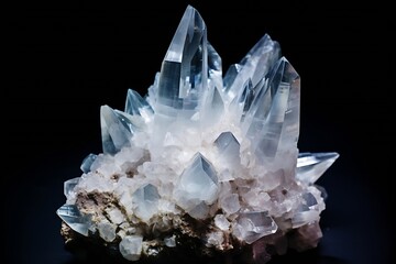 Generative AI : pure Quartz Crystal cluster gemstone closeup macro isolated on black background.
