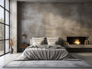 Stylish bedroom with fireplace, chic decor on gray background, luxury living concept. Generative AI