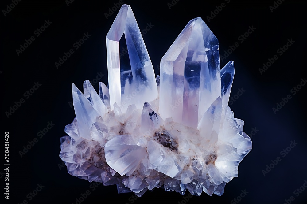 Aufkleber Generative AI : pure Quartz Crystal cluster gemstone closeup macro isolated on black background.