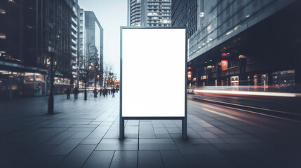 Illuminated blank billboard on city street at night for advertisement. Urban marketing concept. Generative AI