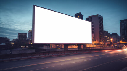 Fototapeta na wymiar Blank billboard on overcast evening in urban landscape. Advertising and communication space concept. Generative AI