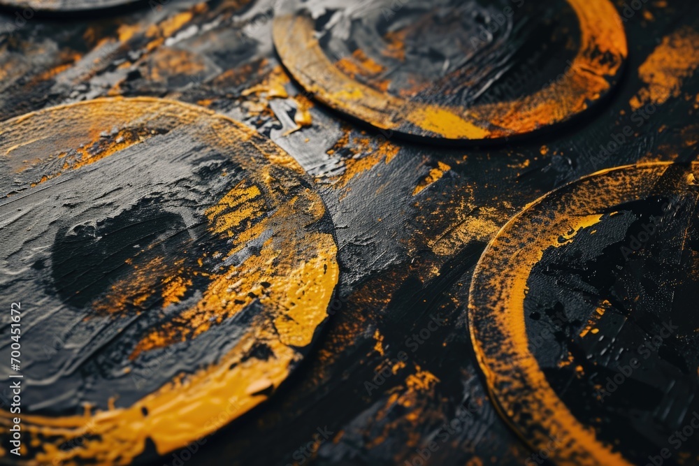 Poster Yellow paint is seen up close on a black surface. This image can be used for various artistic and design projects