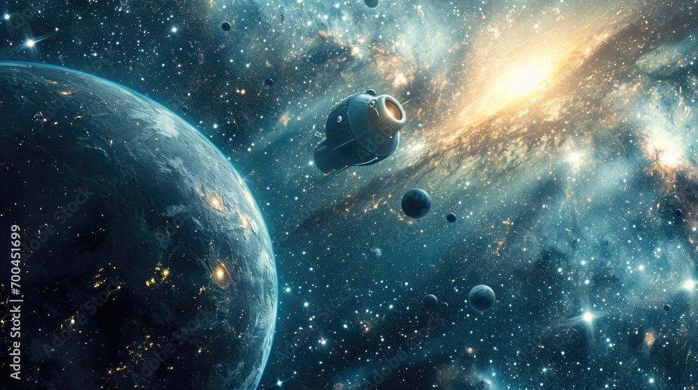 Poster A captivating image of a space scene featuring various planets and stars. Perfect for use in science fiction projects or educational materials