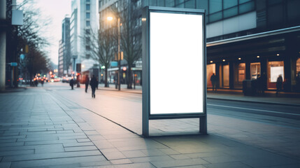 Illuminated empty billboard on a city street at night. Advertisement and urban scene concept. Generative AI