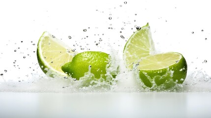 Generative AI : Natural fresh lime with water drops and sliced, green leaf isolated on white background