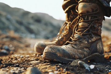 Person's boots photographed in a close-up shot, showcasing the dirt and ruggedness. Suitable for outdoor adventure and exploration themes