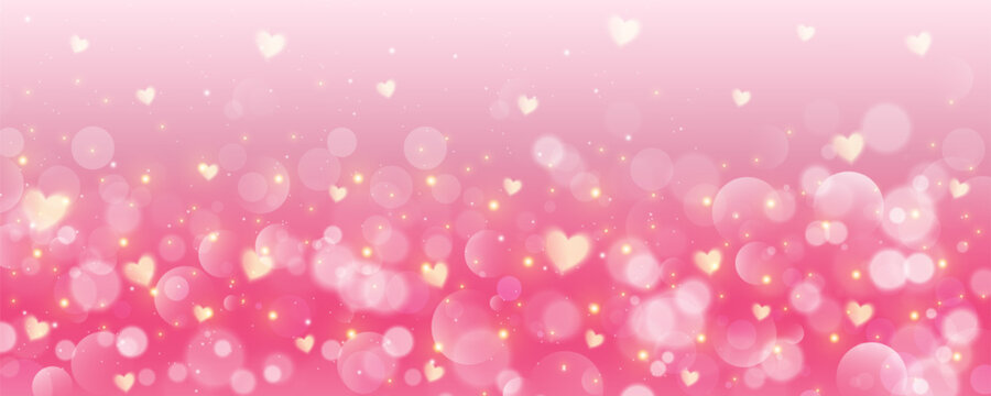 Pink background with hearts. Lovely pastel gradient with glitter bokeh and stars. Valentine day wallpaper. Fantasy romantic vector sky.