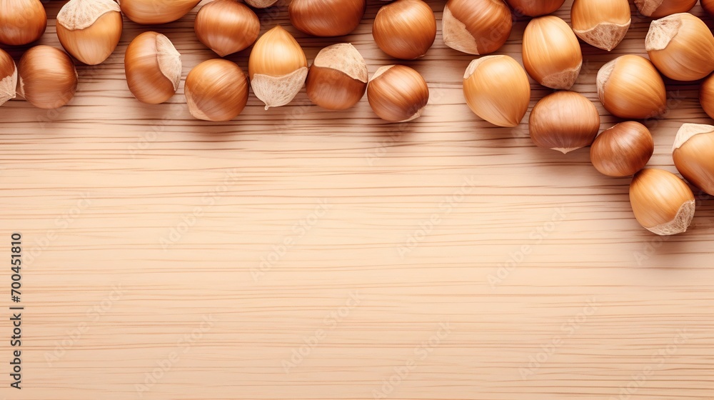 Poster generative ai : hazelnuts spilled on light wood table