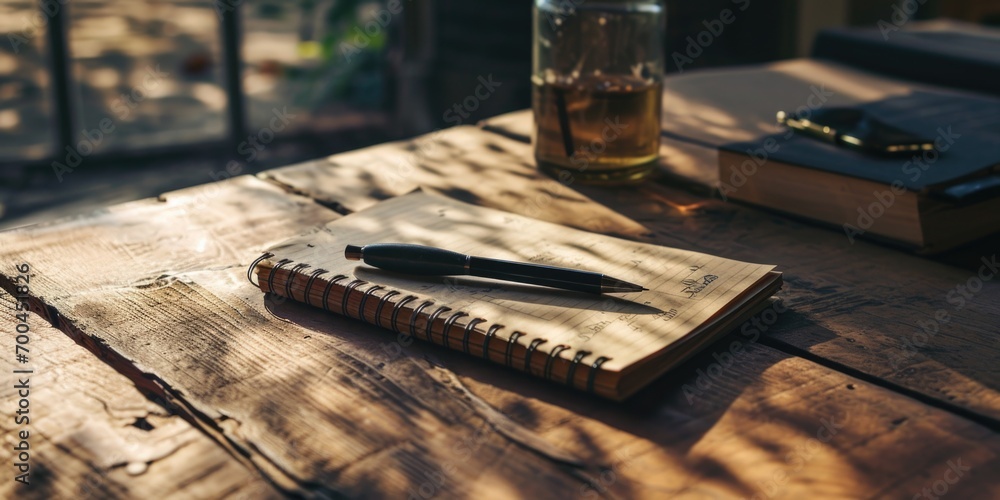 Poster A simple composition of a notebook and pen placed on a wooden table. Ideal for showcasing productivity, organization, and creativity. Can be used for various concepts and designs