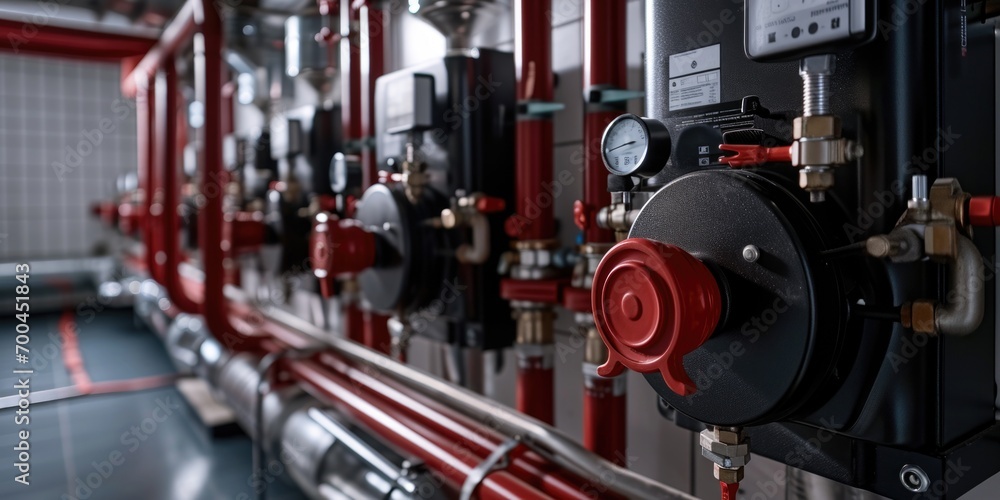 Leinwandbilder a red fire hydrant sits next to a bunch of pipes. this versatile image can be used to represent urba