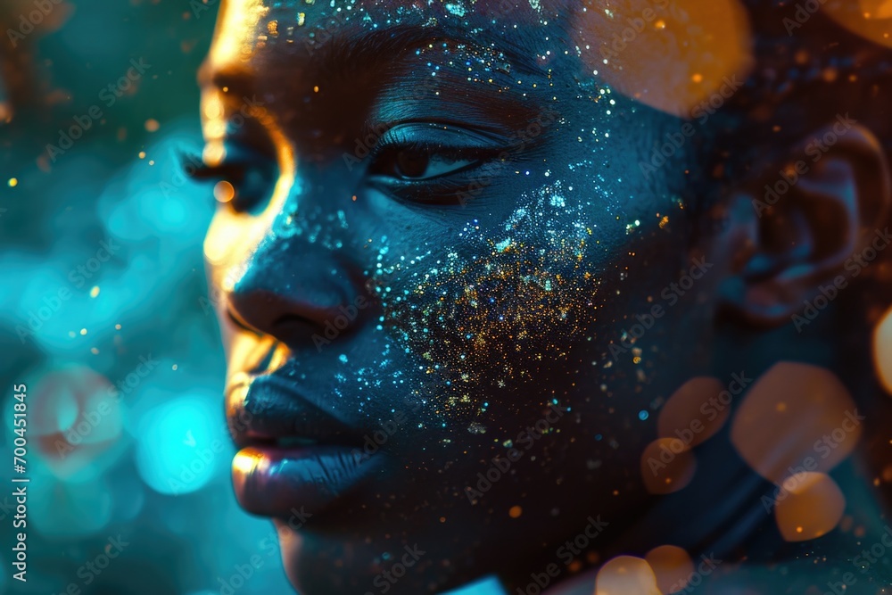 Poster A close-up image of a person with glitter on their face. Perfect for adding a touch of sparkle to any project