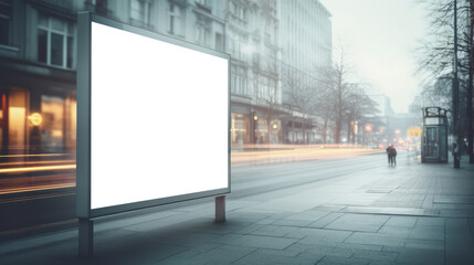 Empty urban billboard on a city street at dusk. Advertisement and marketing concept. Generative AI