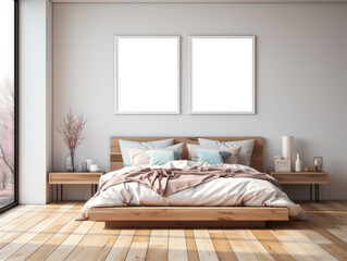 Elegant bedroom with neutral tones and natural light. Simplistic beauty concept. Generative AI