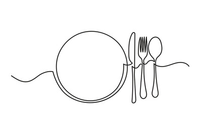 One continuous line spoon, knife, and fork.single line Cutlery design. Cutlery vector isolated on a white background.restaurant logo stock illustration. - obrazy, fototapety, plakaty