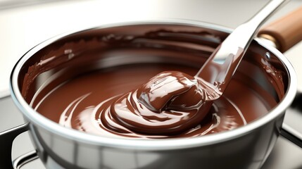 A pot of melted chocolate with a spoon for easy dipping. Perfect for desserts and baking recipes - obrazy, fototapety, plakaty