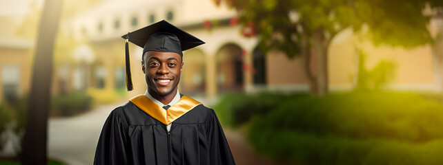 Joyful Black alumni in graduation gown and cap, university campus background. success concept. Generative AI