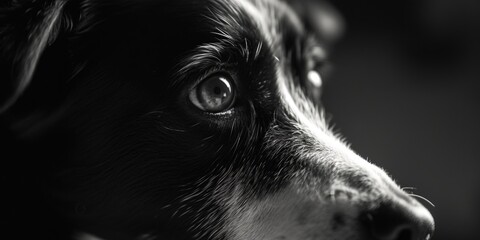 A black and white photo capturing the face of a dog. This versatile image can be used in various contexts