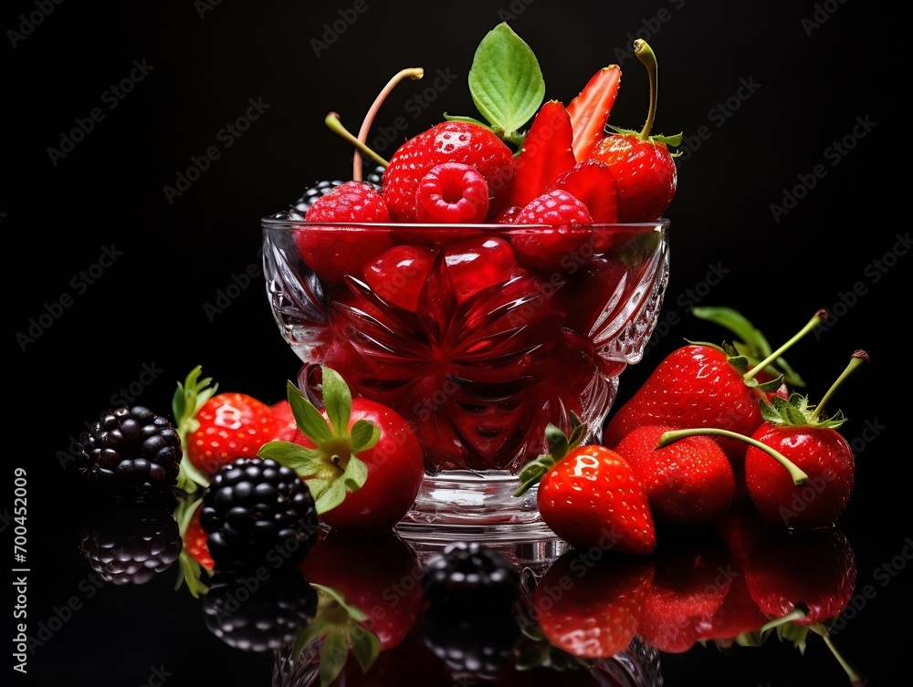 Poster generative ai : red strawberries falling into water on black background. fresh fruits splashing