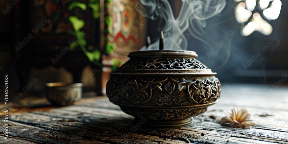 Poster a wooden table with an incense burner sitting on top. can be used to create a calming and peaceful a