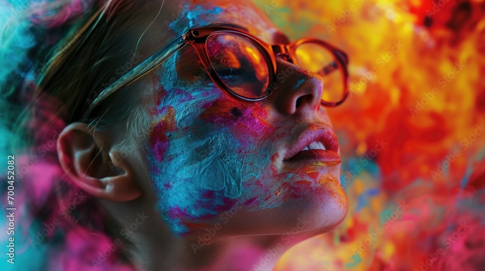 Poster a woman wearing glasses and vibrant face paint. perfect for adding a fun and unique touch to any pro