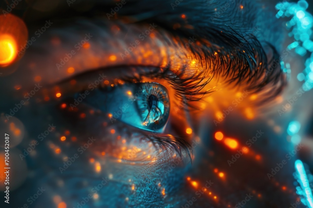 Aufkleber A close up of a person's eye with bright lights in the background. Perfect for capturing attention and adding a touch of mystery to any project