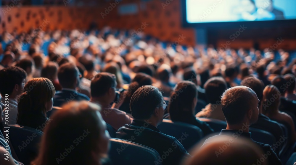 Poster a large group of people sitting in front of a screen. suitable for illustrating teamwork, collaborat