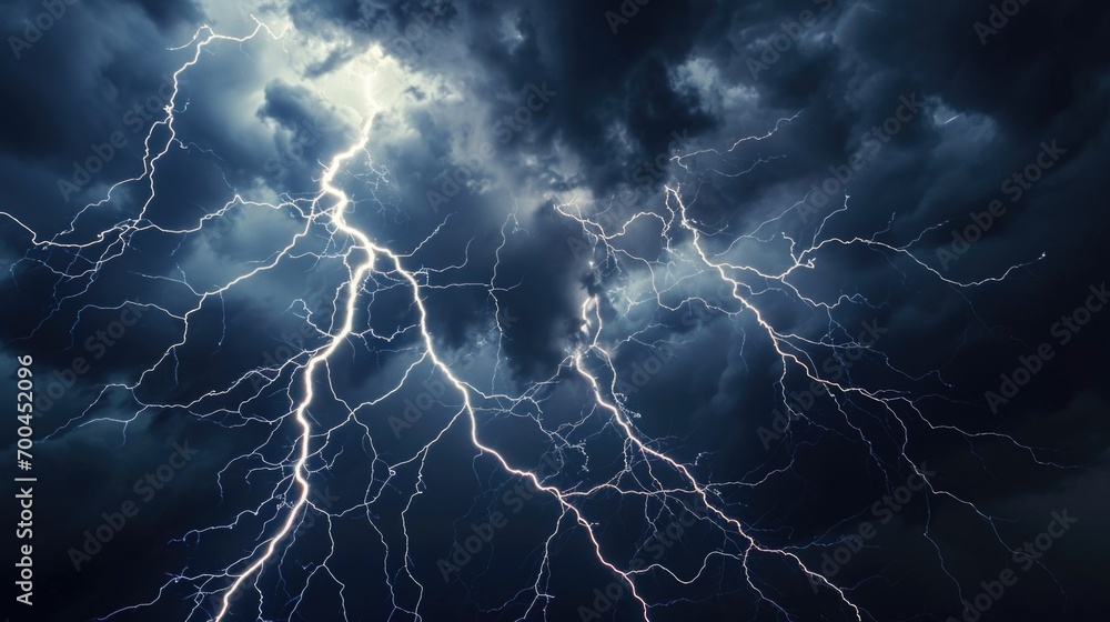 Poster Lightning flashes illuminating the dark sky. Perfect for adding dramatic effect to any project