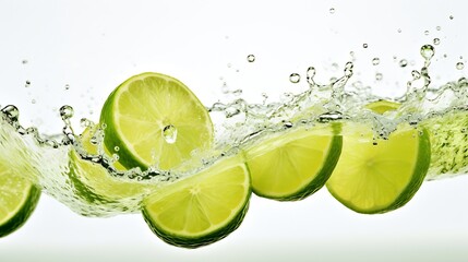 Generative AI : Natural fresh lime with water drops and sliced, green leaf isolated on white background